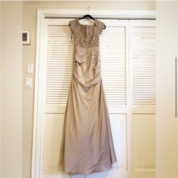 NWOT La Femme Off the Shoulder Beaded Satin Trumpet Gown in Champagne - Picture 3 of 11
